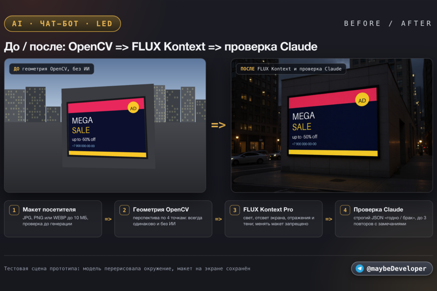 AI-чат-бот и AI-визуализация рекламы на LED-экране для сайта поставщика LED-экранов: RAG на трёх языках, заявки в Telegram, FLUX и проверка качества Claude. Python, FastAPI (7349)