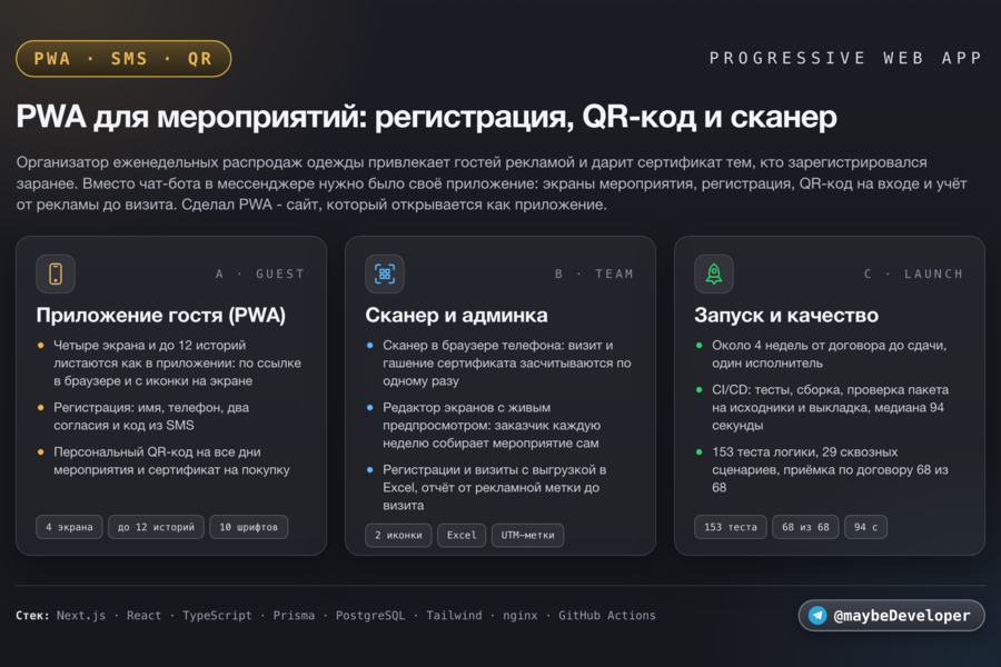 PWA-приложение для регистрации на мероприятие: код из SMS, QR-код и сертификат на входе, сканер для сотрудников, редактор экранов и сквозная аналитика от рекламы до визита (7721)