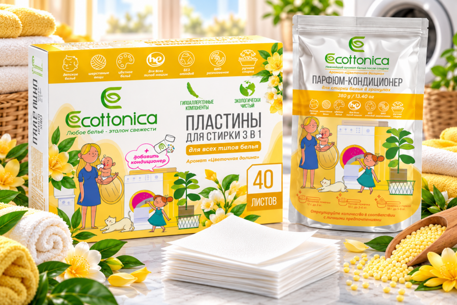 Разработка дизайна упаковки для линейки средств для стирки бренда Ecottonica: парфюмированных кондиционеров для белья в гранулах и пластин для стирки белья 3 в 1 (7868)