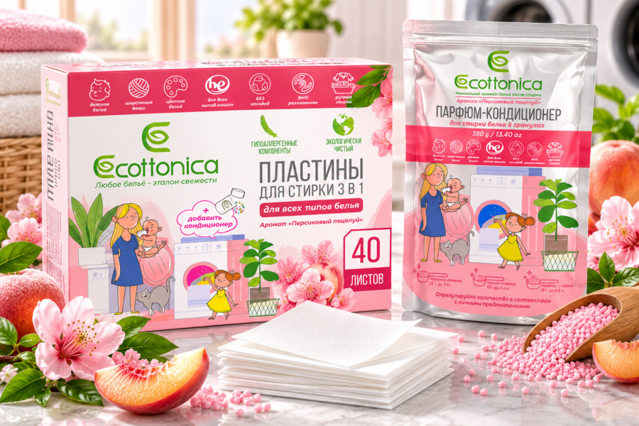 Разработка дизайна упаковки для линейки средств для стирки бренда Ecottonica: парфюмированных кондиционеров для белья в гранулах и пластин для стирки белья 3 в 1 (7865)