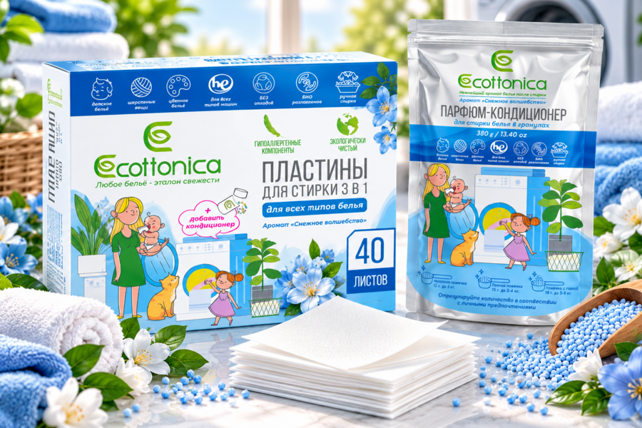 Разработка дизайна упаковки для линейки средств для стирки бренда Ecottonica: парфюмированных кондиционеров для белья в гранулах и пластин для стирки белья 3 в 1 (7871)
